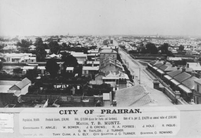 [Aerial view of Greville Street, looking west c.1885]